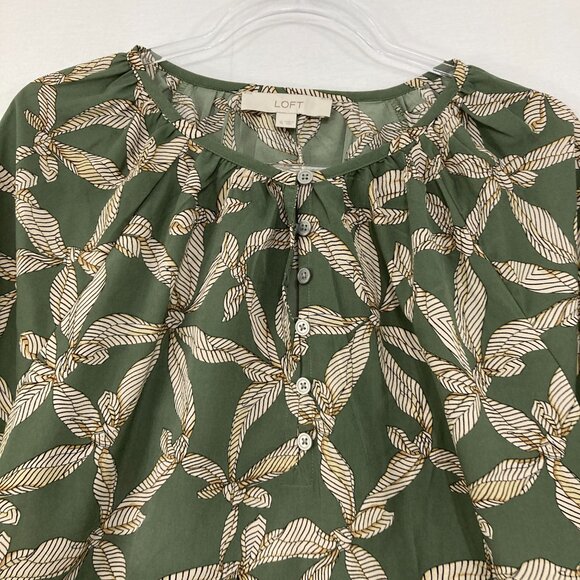 LOFT sz XL Green Tan Floral Abstract Balloon Sleeve Button Popover Blouse Office - Picture 3 of 9
